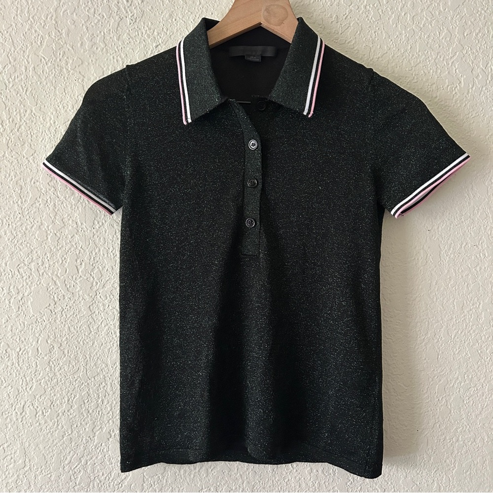 Alexander Wang Black Metallic Polo w/ Striped Collar —Size XS